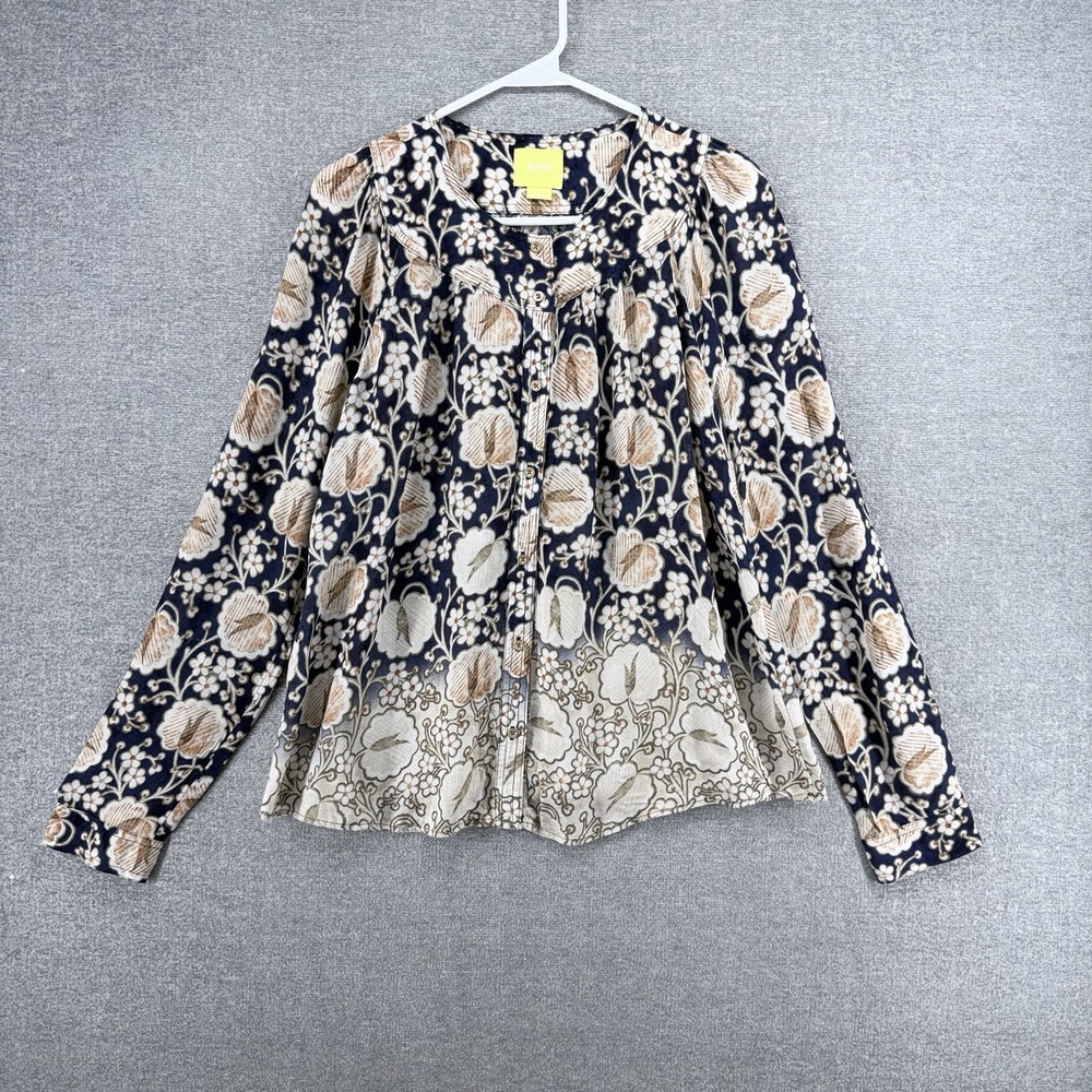 Maeve Anthropologie Blouse Top Women Size Medium Brown Blue Floral Bohemian